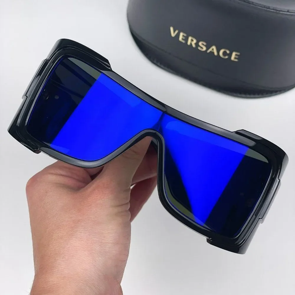 Versace VE4451 GB1/55 Sunglasses Black Grey Mirrored Blue Wraparound Unisex